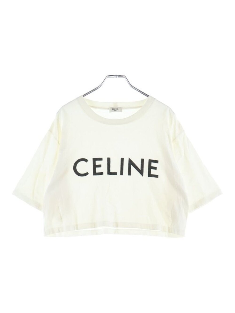 Celine Logo Print Cotton Cropped Crew Neck Short Sleeve T-Shirt White